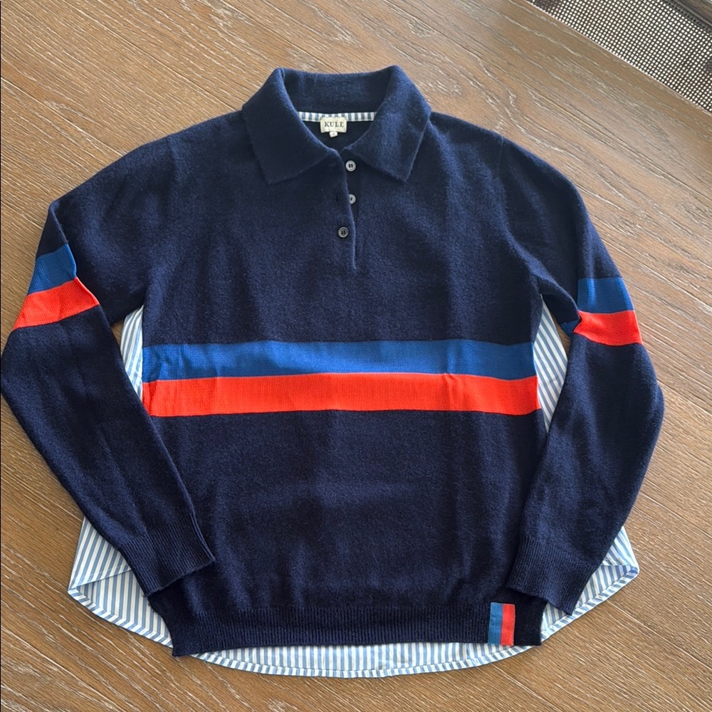 Kule navy sweater with striped oxford back size small